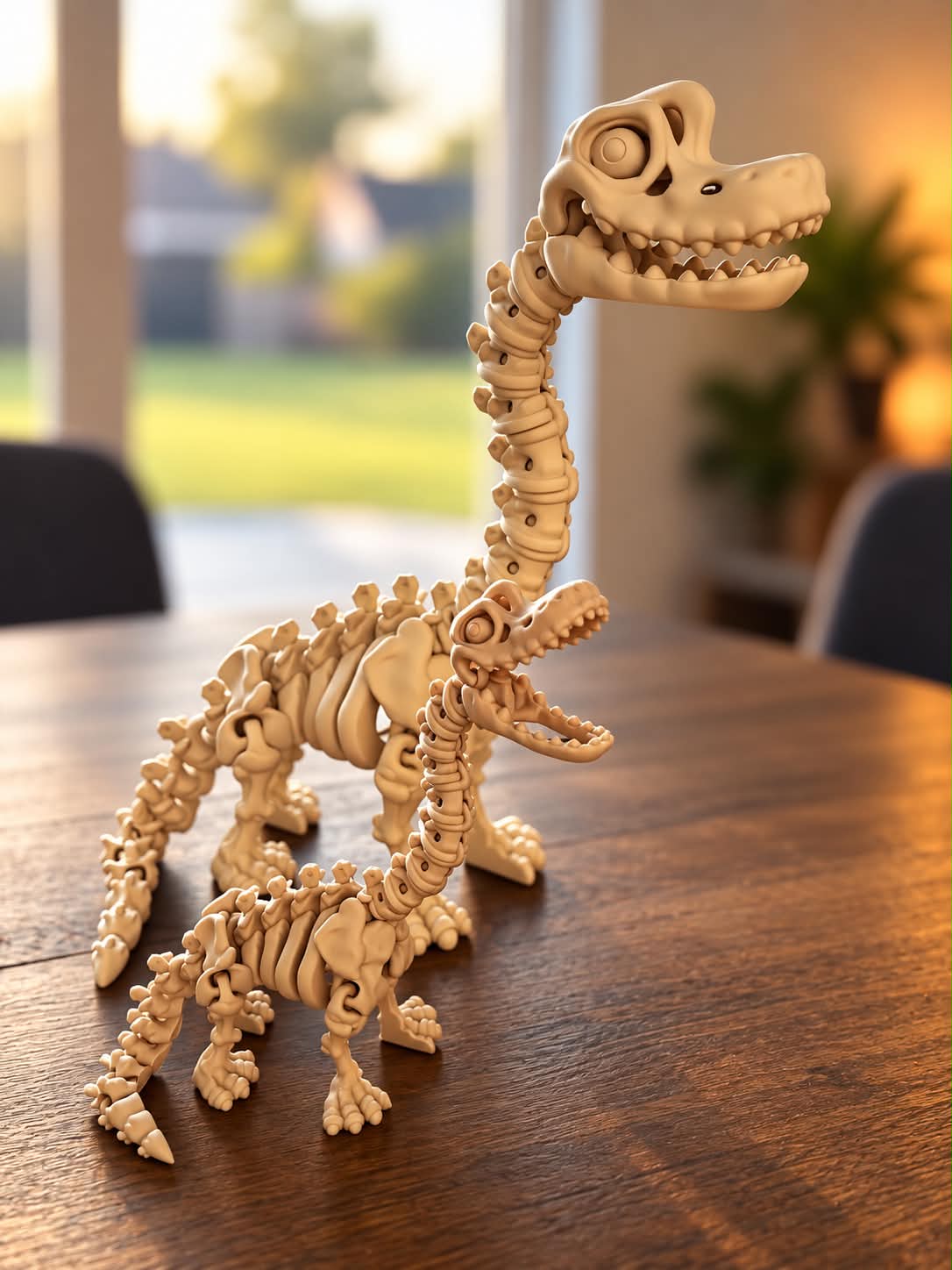Langhals-dinosaurskelet ved siden af mindre skelet-figur