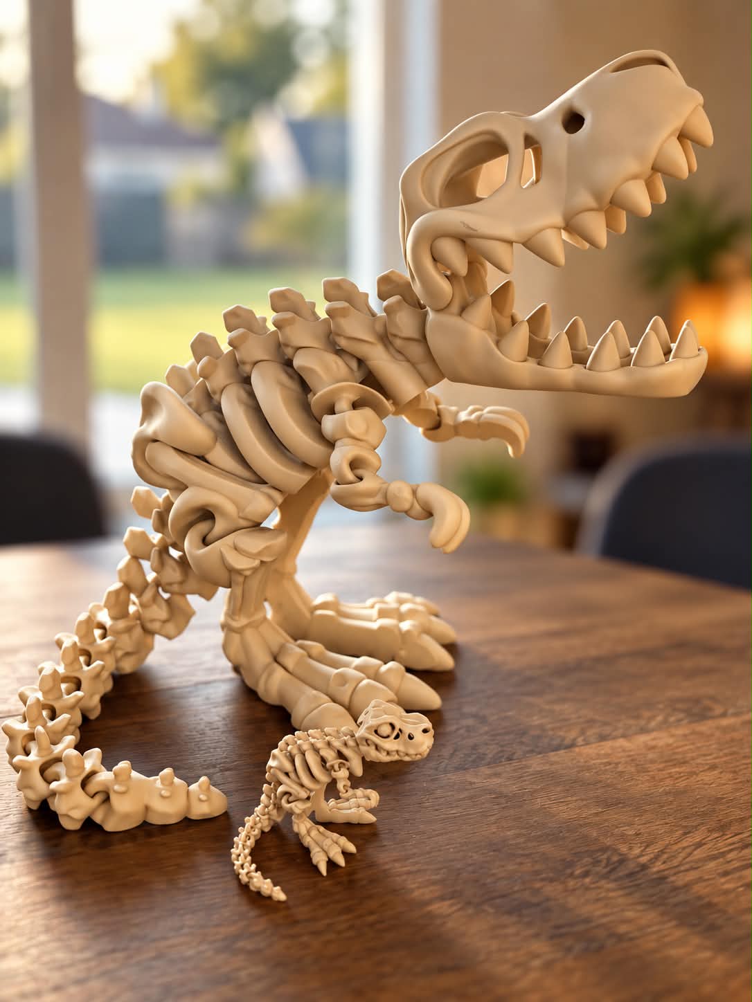 T-Rex-skelet med åbent gab ved siden af mindre T-Rex-skelet