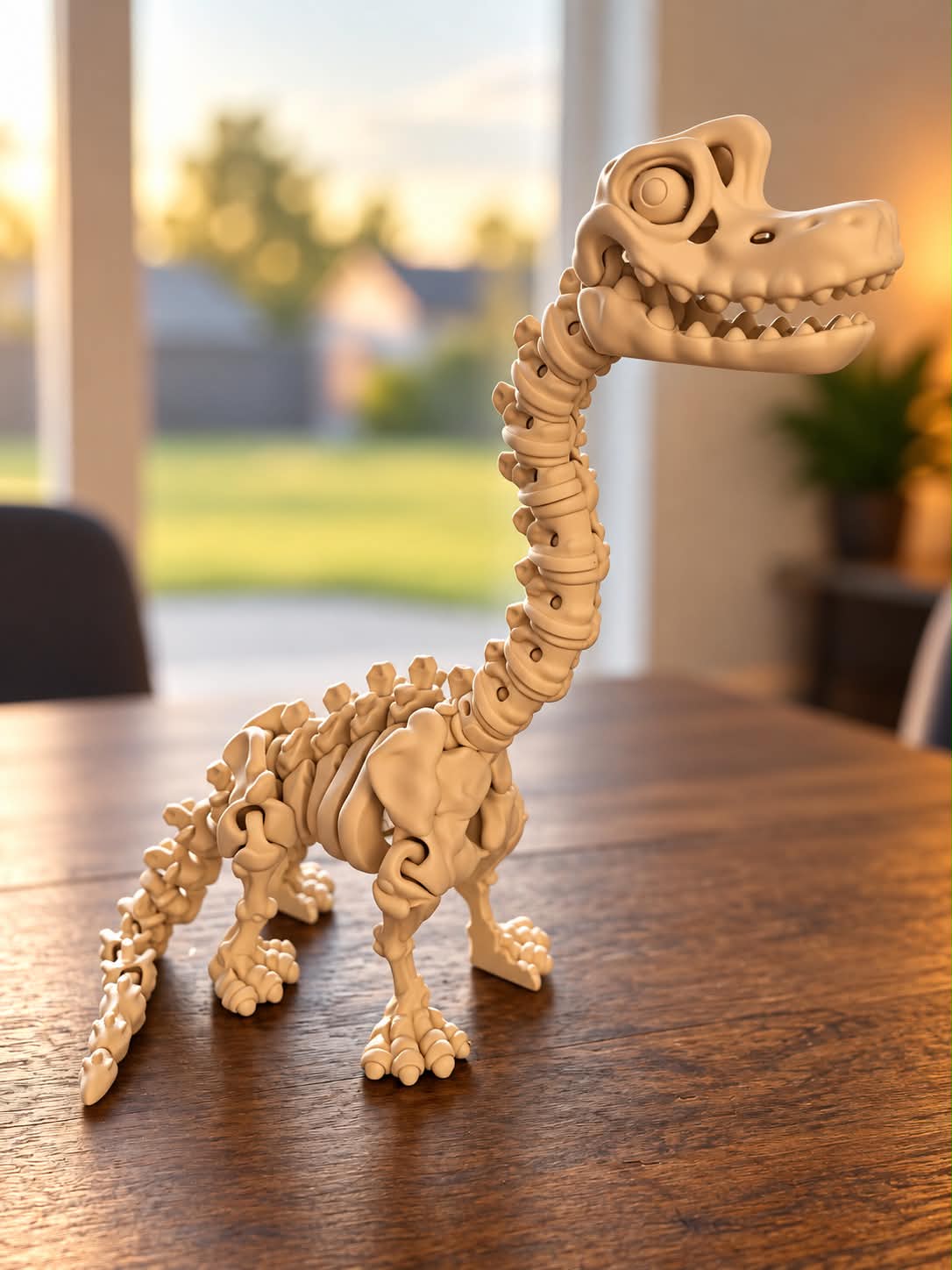 Langhals-dinosaurskelet set fra siden, stående på bord