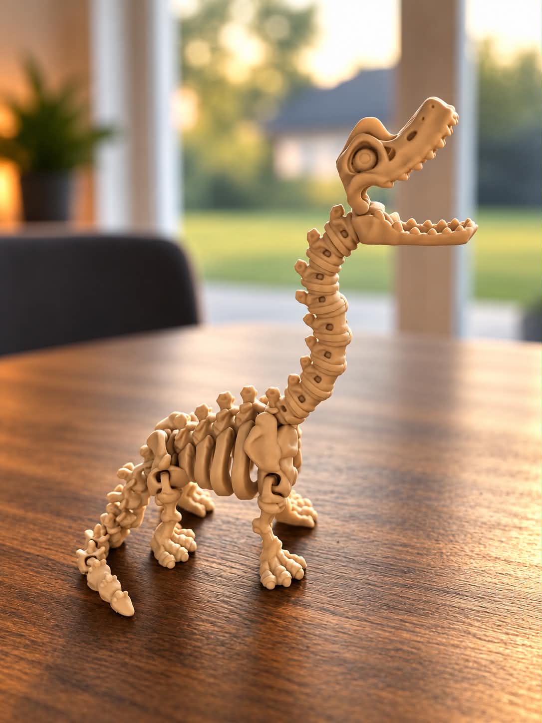 Langhals-dinosaurskelet med hovedet løftet, aftenlys