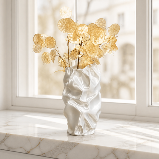 Anne vase på vindueskarm med gyldne lunaria-grene